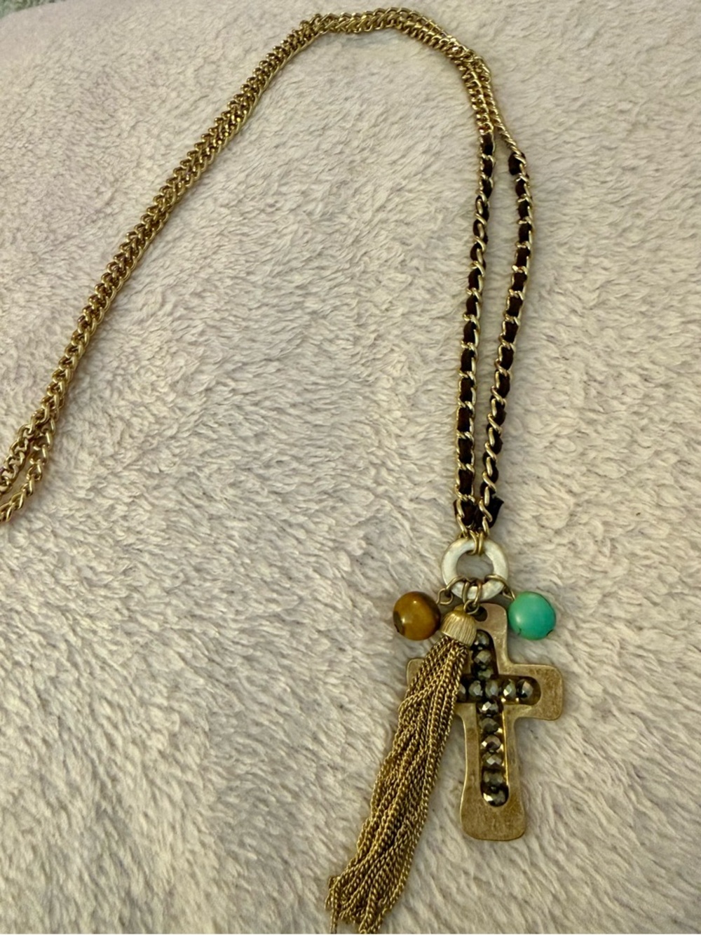 Artisan Boho Gold-Tone Cross Pendant Necklace W/ Turquoise and Tiger Eye Accents